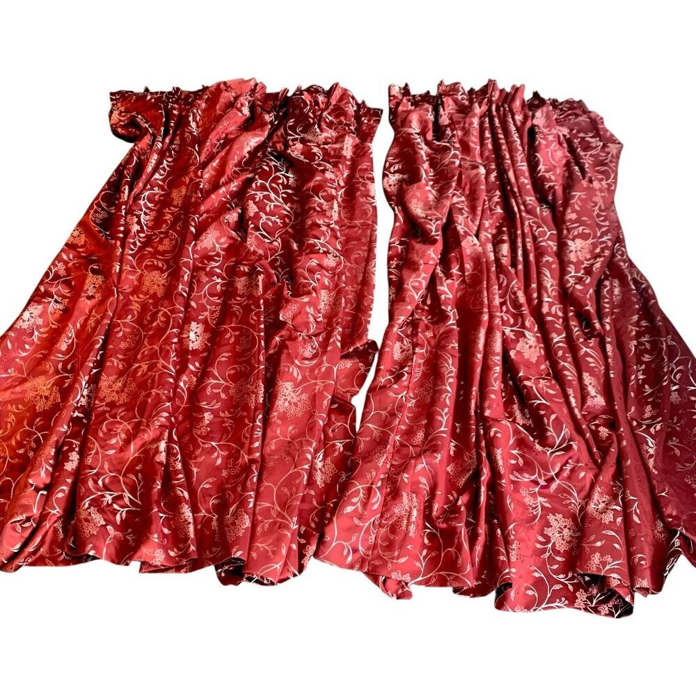 2 Large Burgundy Jacquard Floral Design Curtains With Pleated Top